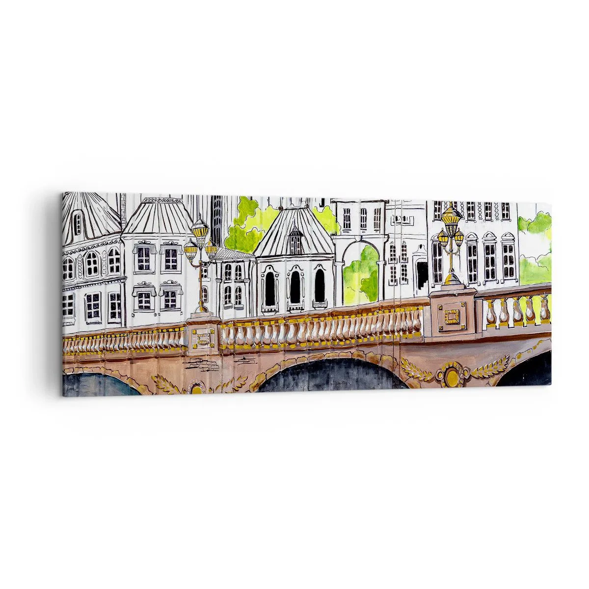Impression sur toile - Image sur toile - Dessin du pont et de l'architecture urbaine historique - 140x50cm - Une ville comme peinte - Décoration murale moderne pour le salon et la chambre ARTTOR