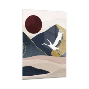 Impression sur verre - Image sur verre - Deux grues survolant un paysage vallonné avec un soleil rouge. - 50x70cm - Encore une fois, la journée s'est ÉCOULÉE - Décoration murale moderne pour le salon et la chambre ARTTOR