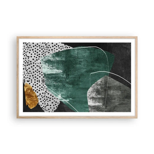 Affiche dans un chêne clair - Poster - Abstraction colorée avec feuille d'or - 91x61 cm