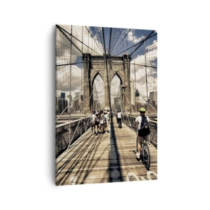 Impression sur toile - Image sur toile - Pont de Brooklyn avec vue sur les piétons et les cyclistes - 50x70cm - Directement en plein coeur de la ville - Décoration murale moderne pour le salon et la chambre ARTTOR