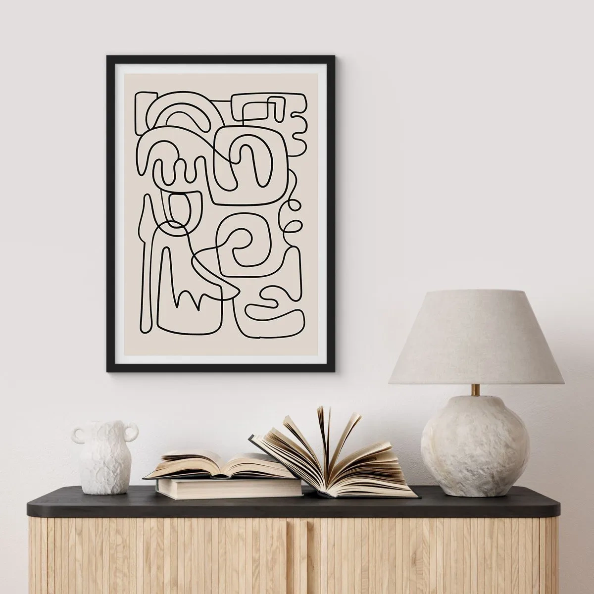 Affiche dans un cadre noir - Poster - Abstraction moderne sous la forme d'une ligne noire sur fond beige - 50x70cm - Suivez les indices - Décoration murale moderne pour le salon et la chambre ARTTOR