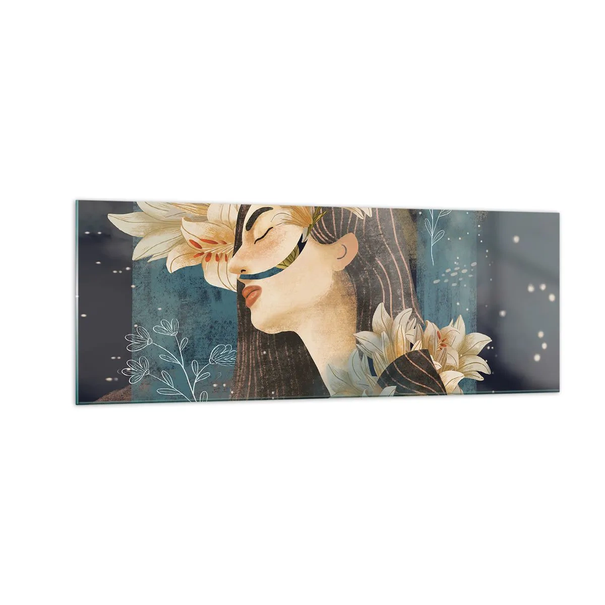 Impression sur verre - Image sur verre - Portrait d'une femme avec des fleurs dans un style artistique sur fond sombre - 140x50cm - Conte de fée sur la princesse lilas - Décoration murale moderne pour le salon et la chambre ARTTOR