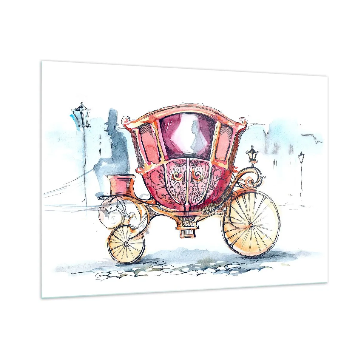 Impression sur verre - Image sur verre - Une élégante calèche de style aquarelle sur fond de rue - 100x70cm - À un mariage ou à un bal ? - Décoration murale moderne pour le salon et la chambre ARTTOR