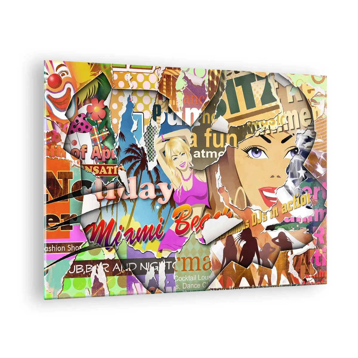 Impression sur verre - Image sur verre - Collage rétro coloré avec des affiches et des graphiques - 70x50cm - Souvenirs de vacances - Décoration murale moderne pour le salon et la chambre ARTTOR