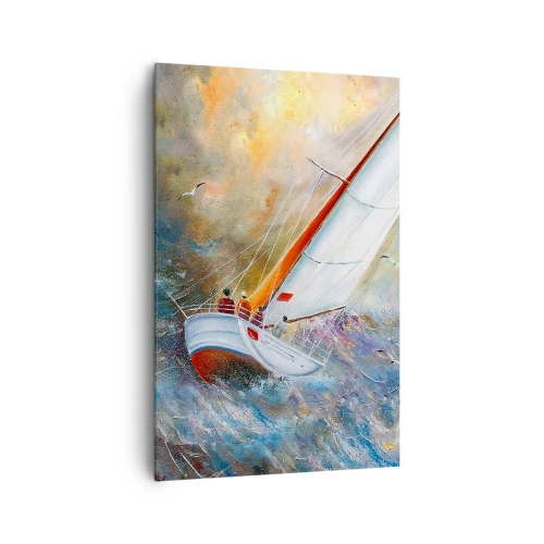 Impression sur toile - Image sur toile - Voiliers sur des vagues agitées dans une composition dynamique - 80x120cm - Concourir sur les vagues - Décoration murale moderne pour le salon et la chambre ARTTOR