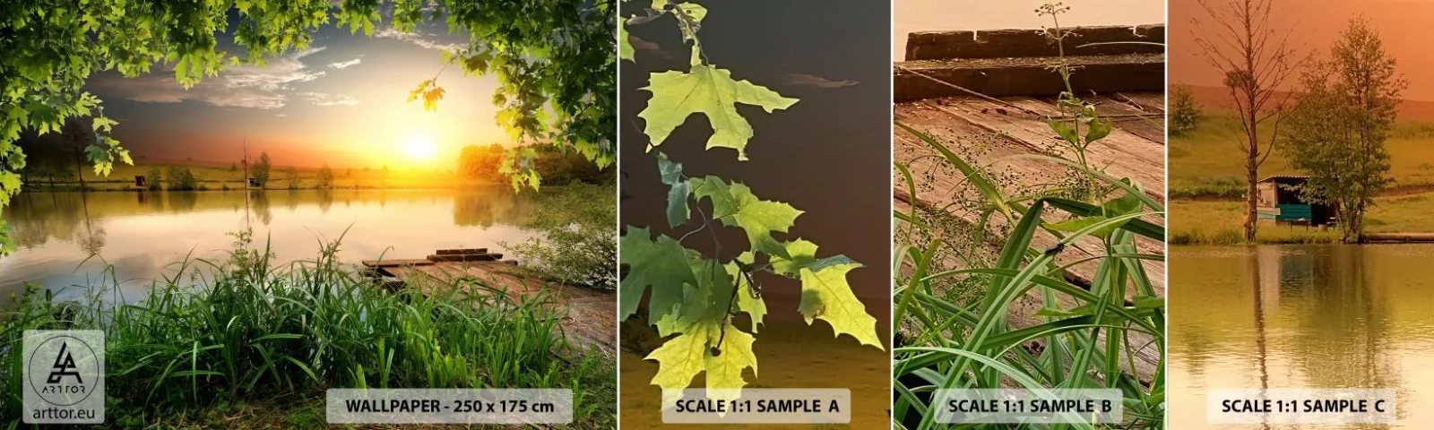 Échantillon De Papier Peint Standard Eco - Paysage dans un cadre verdoyant - Paysage, Lac, Pont de bois - 100x30 cm