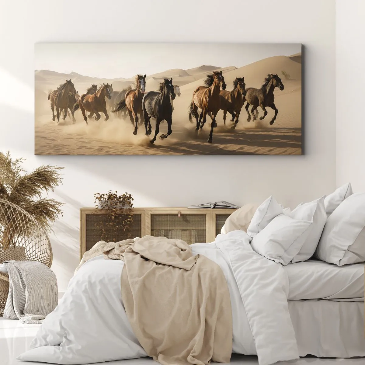 Impression sur toile - Image sur toile - Chevaux au galop sur fond de désert - 120x50cm - Libre comme le vent - Décoration murale moderne pour le salon et la chambre ARTTOR