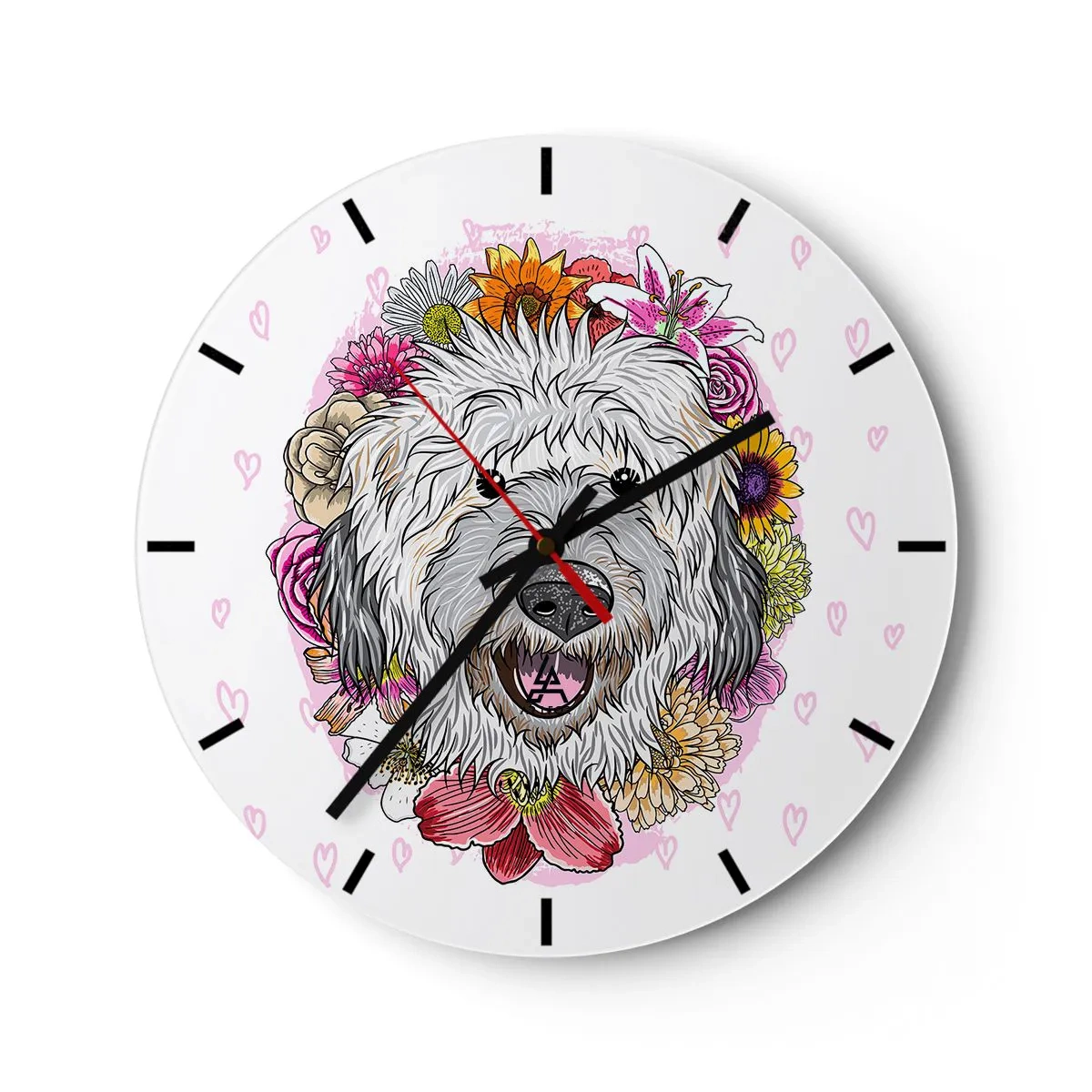 Horloge murale - Pendule murale - Illustration d'un chien entouré de fleurs et de cœurs - 30x30cm - La joie du chiot - Décoration murale moderne pour le salon, la cuisine et la chambre ARTTOR