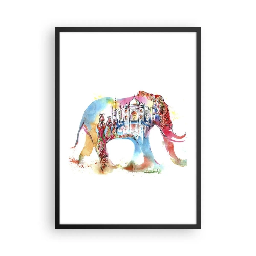 Affiche dans un cadre noir - Poster - Éléphant coloré avec des motifs indiens et le Taj Mahal - 50x70cm - Inde - l'aura de l'amour - Décoration murale moderne pour le salon et la chambre ARTTOR