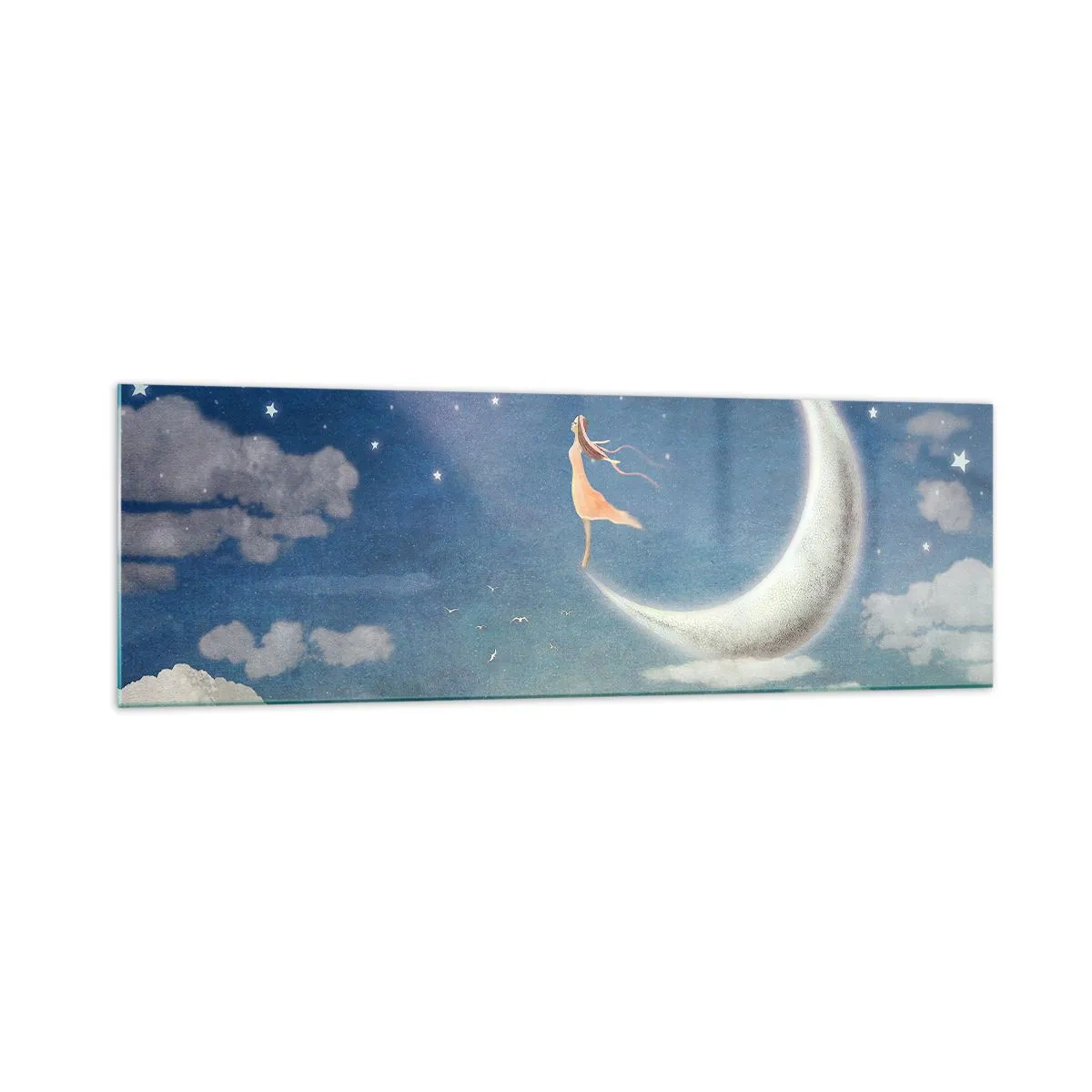 Impression sur verre - Image sur verre - Une femme dans la lune entourée d'étoiles et de nuages - 160x50cm - Valise bleue - Décoration murale moderne pour le salon et la chambre ARTTOR