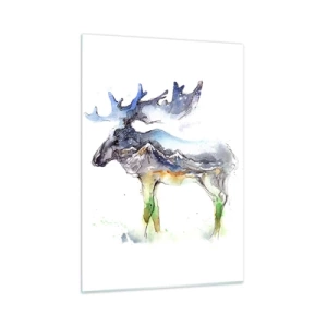 Impression sur verre - Image sur verre - Aquarelle représentant un élan avec un motif de silhouette de montagne - 50x70cm - Le héros d'un conte d'hiver - Décoration murale moderne pour le salon et la chambre ARTTOR