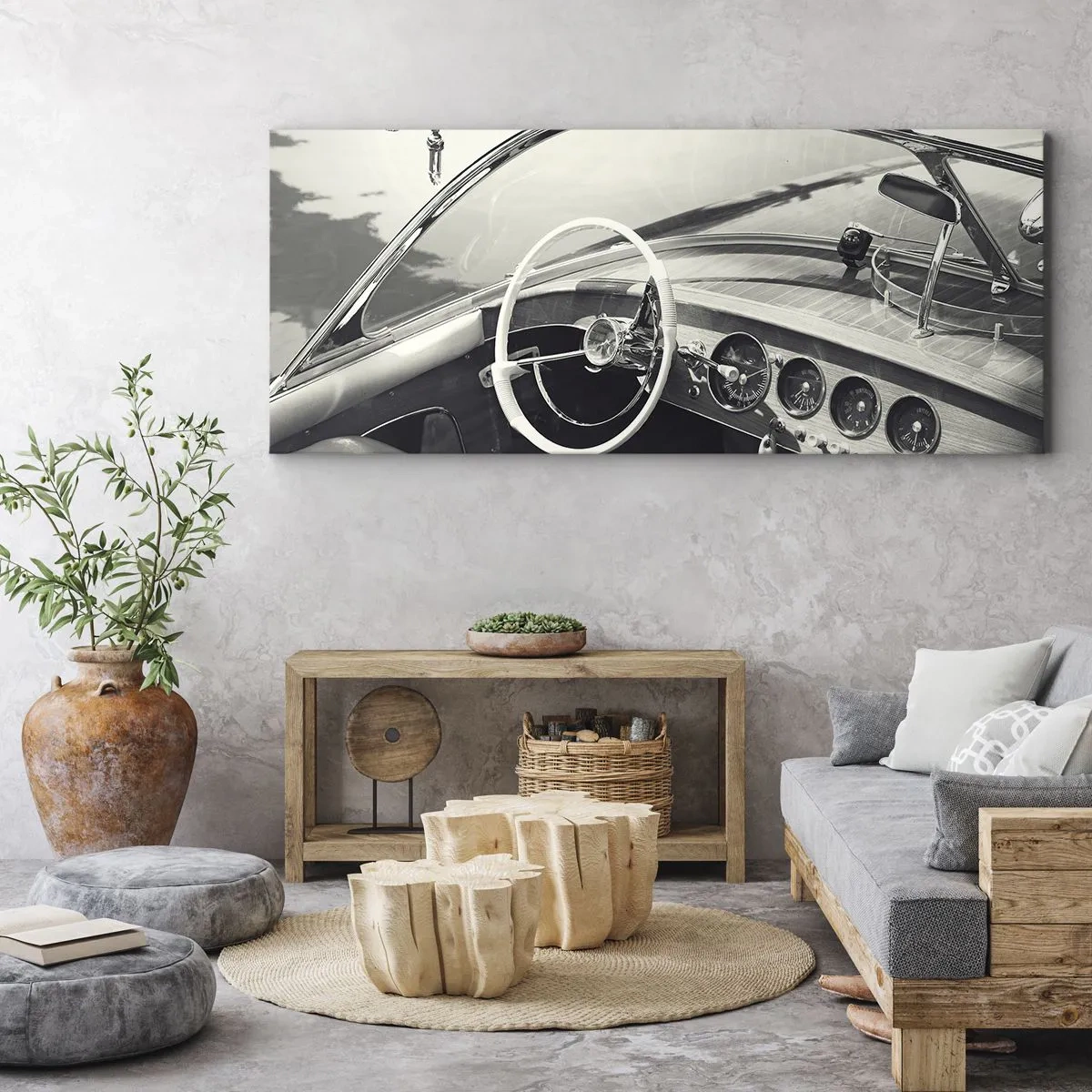 Impression sur toile - Image sur toile - Intérieur de voiture classique de style monochrome - 120x50cm - Temps pour riche - Décoration murale moderne pour le salon et la chambre ARTTOR