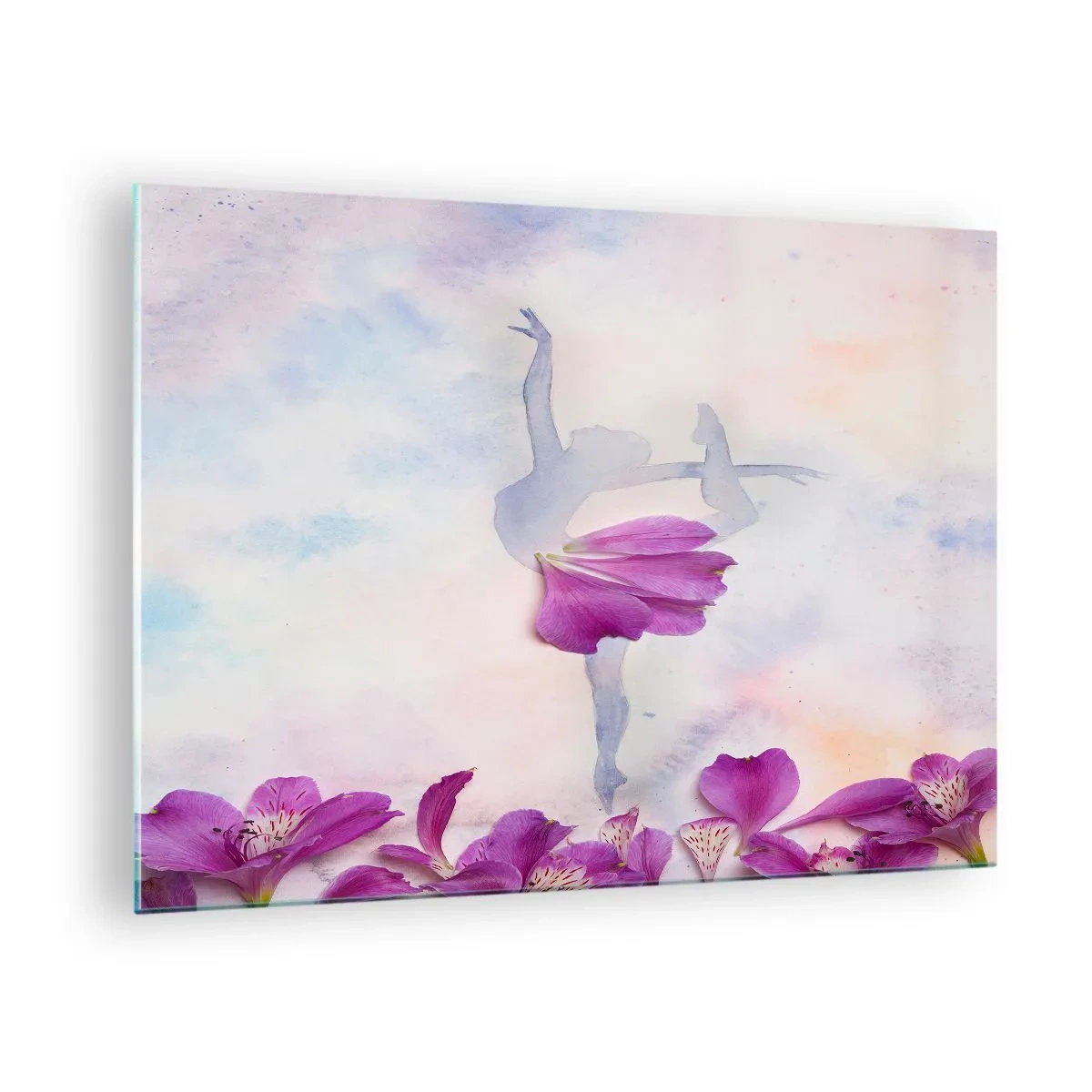 Impression sur verre - Image sur verre - Silhouette d'une ballerine avec une fleur dans une composition artistique - 70x50cm - Délicat comme une fleur - Décoration murale moderne pour le salon et la chambre ARTTOR