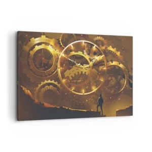 Impression sur toile - Image sur toile - Engrenages dorés dans un décor surréaliste avec une figurine - 120x80cm - À la source du temps - Décoration murale moderne pour le salon et la chambre ARTTOR