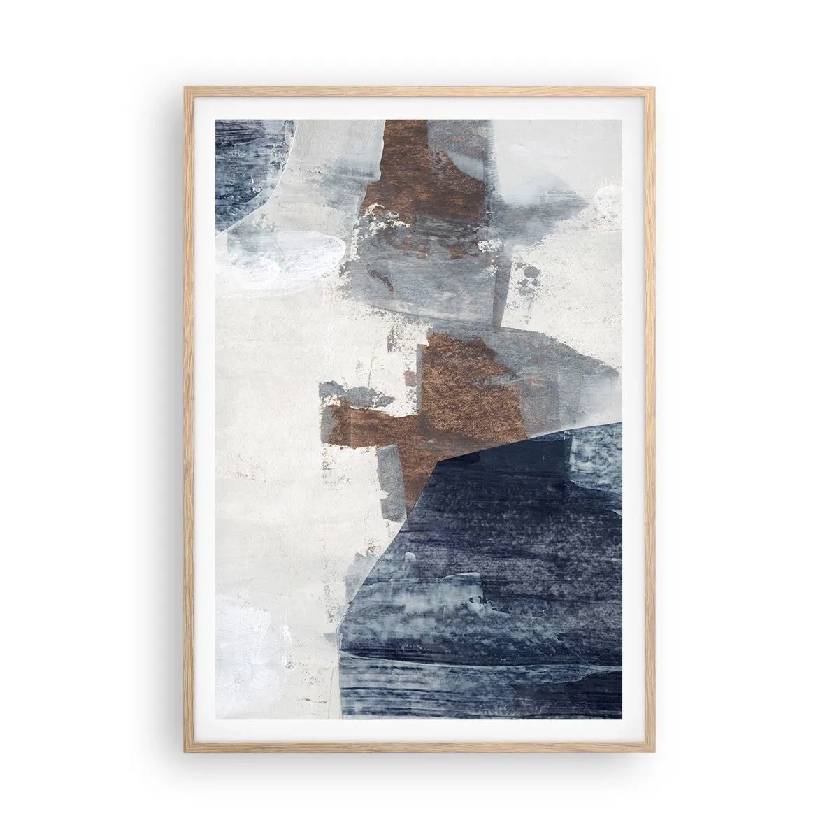 Affiche dans un chêne clair - Poster - Formes bleues et brunes - 70x100 cm