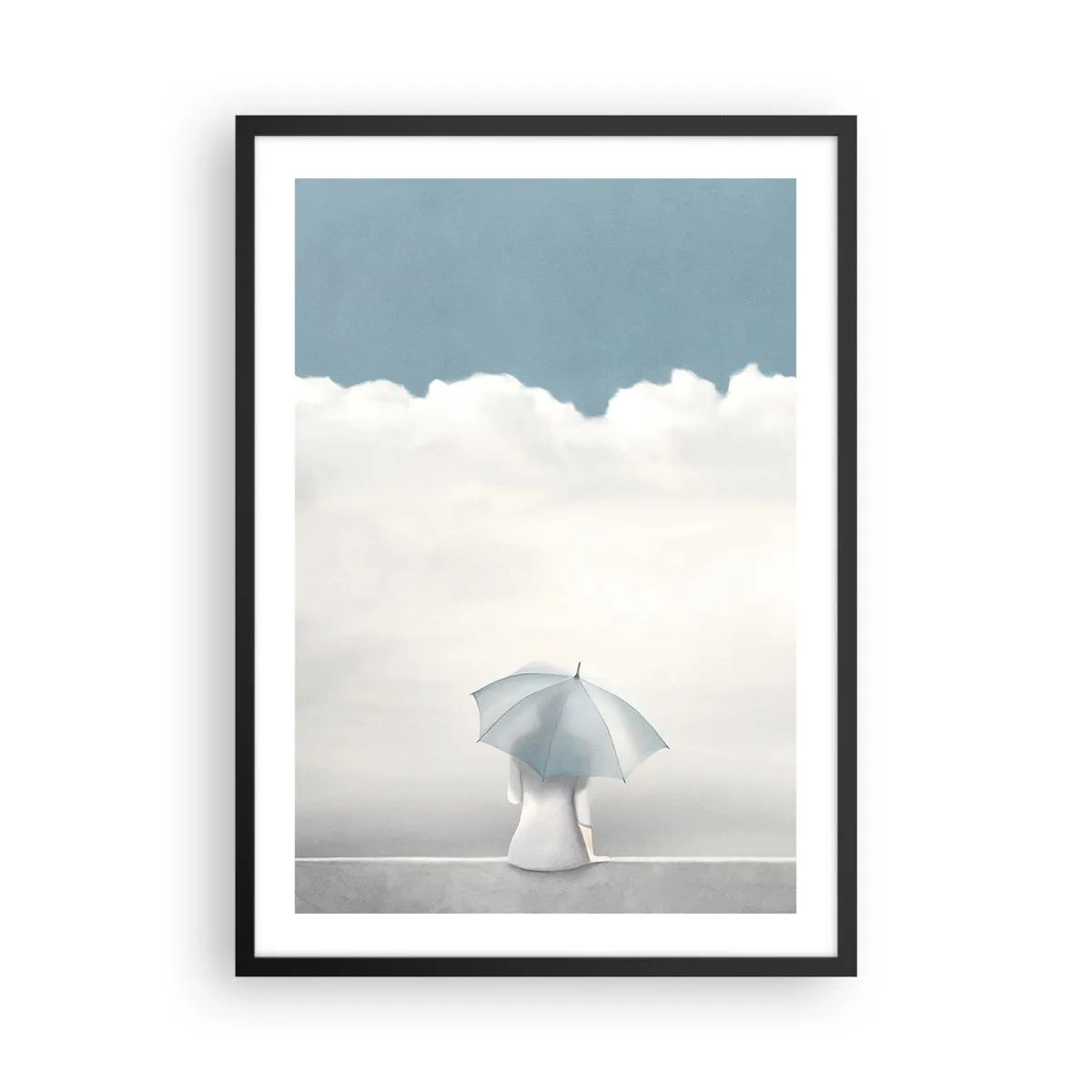 Affiche dans un cadre noir - Poster - Une silhouette avec un parapluie assise sur un rebord parmi les nuages - 50x70cm - Aux confins de la réalité et des rêves - Décoration murale moderne pour le salon et la chambre ARTTOR