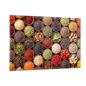 Impression sur verre - Image sur verre - Une composition de diverses épices dans des bols en bois - 120x80cm - Toutes les saveurs du monde - Décoration murale moderne pour le salon et la chambre ARTTOR