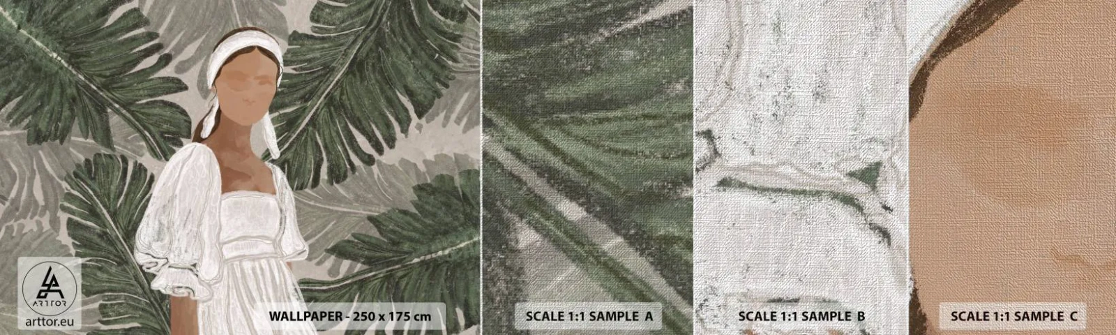 Échantillon de Papier Peint Premium Canvas - Portrait exotique - Bohème, Femme, Feuilles - 100x30 cm