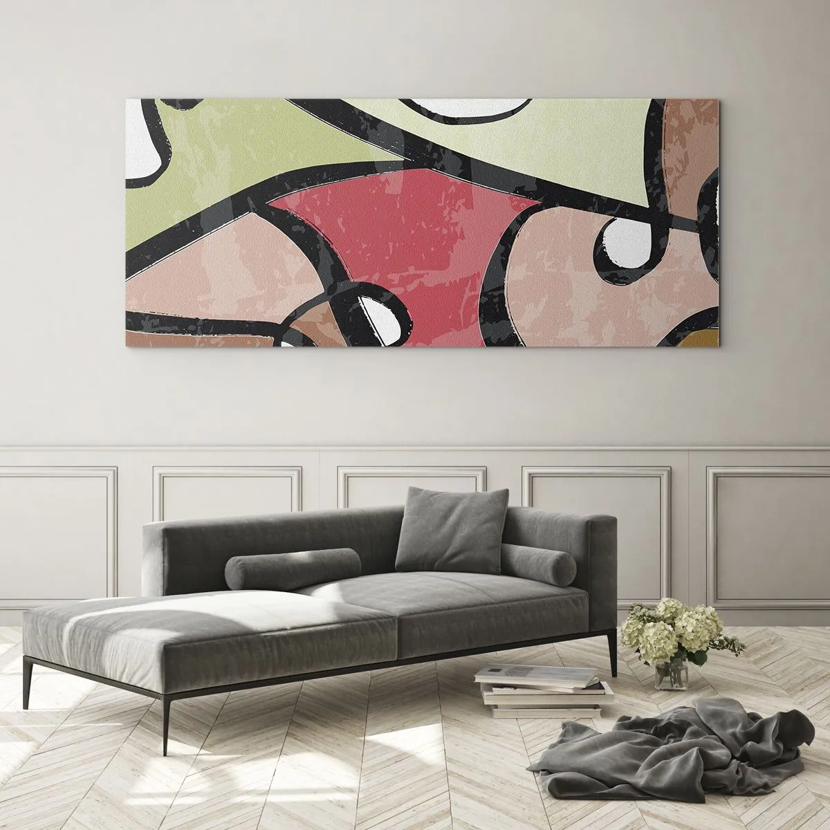 Impression sur verre - Image sur verre - Formes abstraites colorées avec des lignes noires - 140x50cm - Pirouettes parmi les couleurs - Décoration murale moderne pour le salon et la chambre ARTTOR