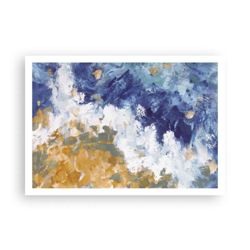 Affiche - Poster - Abstraction dans les tons de bleu, blanc et or - 100x70cm - Danse des éléments - Décoration murale moderne pour le salon et la chambre ARTTOR