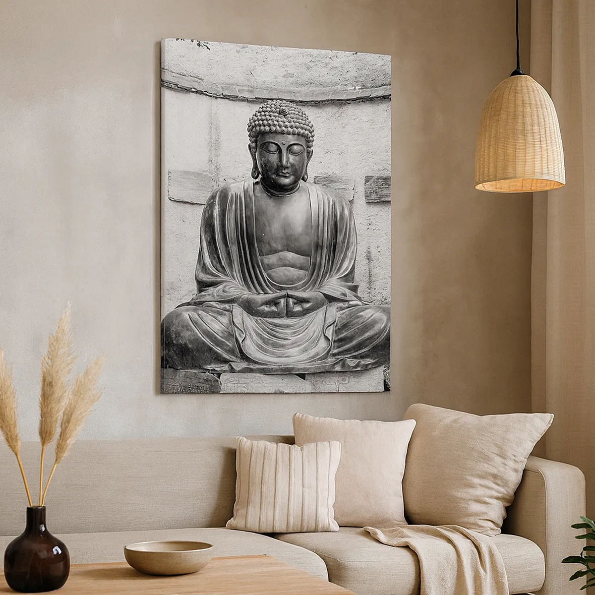 Impression sur toile - Image sur toile - Statue de Bouddha noir et blanc dans une pose méditative - 50x70cm - A la source de la paix - Décoration murale moderne pour le salon et la chambre ARTTOR