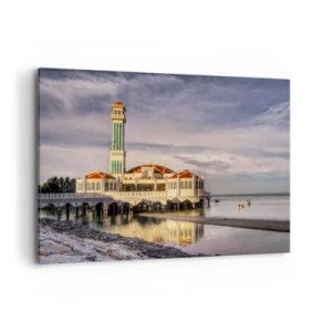 Impression sur toile - Image sur toile - Un bâtiment impressionnant avec un minaret sur l'eau entouré d'un paysage paisible - 120x80cm - Temple de la nature - Décoration murale moderne pour le salon et la chambre ARTTOR