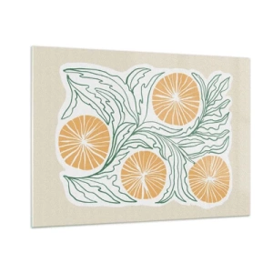 Impression sur verre - Image sur verre - Fruits orange et feuilles vertes dans une composition graphique - 100x70cm - Ethnique avec une pointe d'abstraction - Décoration murale moderne pour le salon et la chambre ARTTOR