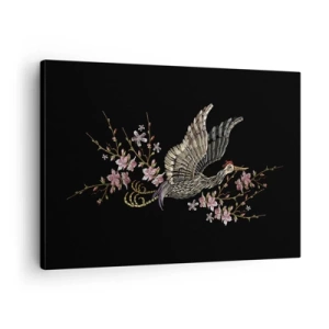 Impression sur toile - Image sur toile - Un oiseau en vol avec des fleurs sur fond noir - 70x50cm - Oiseau brodé exotique - Décoration murale moderne pour le salon et la chambre ARTTOR