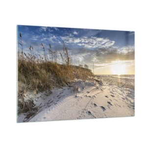 Impression sur verre - Image sur verre - Plage de sable au coucher du soleil avec des herbes près de la dune - 100x70cm - Invitation à la ballade - Décoration murale moderne pour le salon et la chambre ARTTOR