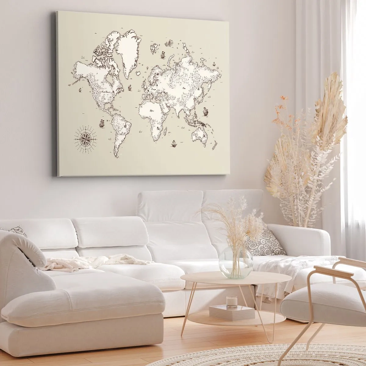 Impression sur toile - Image sur toile - Une carte stylisée du monde dans des tons beige et marron. - 120x80cm - Voyage autour du monde - Décoration murale moderne pour le salon et la chambre ARTTOR