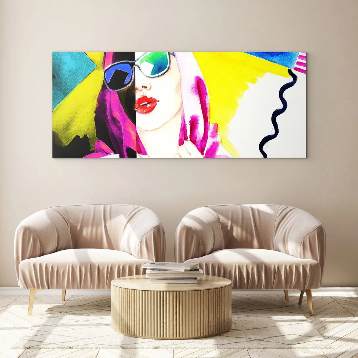 Impression sur verre - Image sur verre - Portrait coloré d'une femme portant des lunettes de soleil - 120x50cm - je ne suis pas blanche et je ne suis pas noire - Décoration murale moderne pour le salon et la chambre ARTTOR