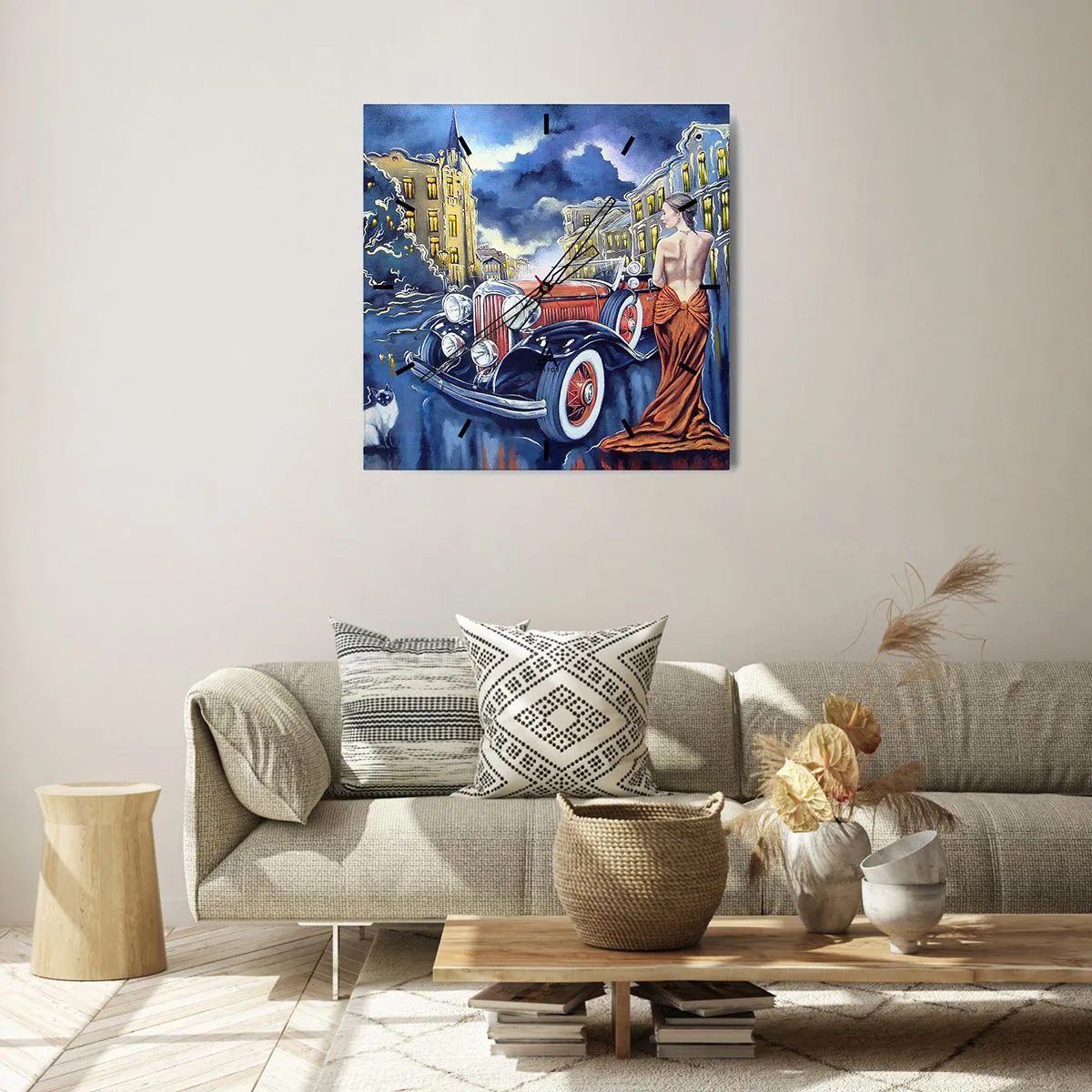 Horloge murale - Pendule murale - Nocturne en bleu et corail - 40x40 cm