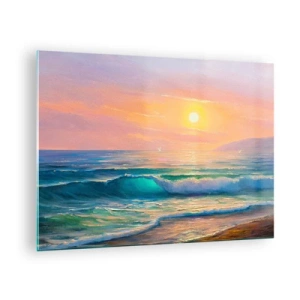 Impression sur verre - Image sur verre - Paysage marin avec des vagues et un coucher de soleil dans des tons turquoise - 70x50cm - Le chant turquoise des vagues - Décoration murale moderne pour le salon et la chambre ARTTOR