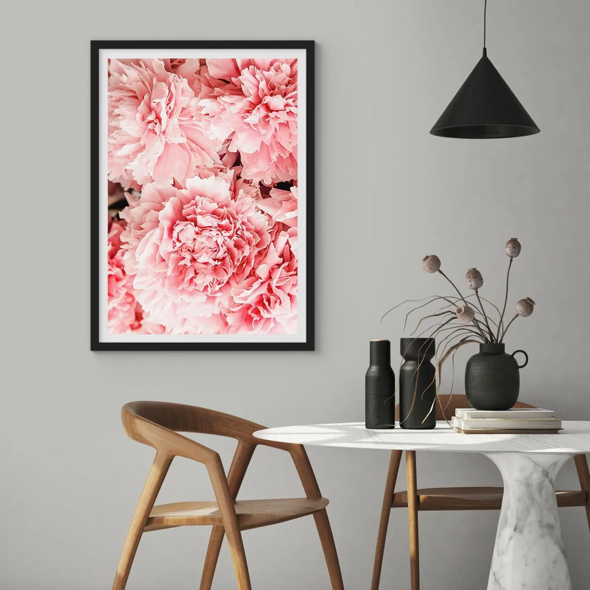 Affiche dans un cadre noir - Poster - Pivoines roses délicates en pleine floraison - 50x70cm - Rêve rose - Décoration murale moderne pour le salon et la chambre ARTTOR