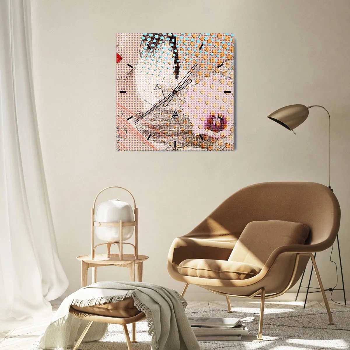 Horloge murale - Pendule murale - Œuvre d'art abstraite avec un motif de bouche et d'orchidée - 30x30cm - Héroïne de bande dessinée - Décoration murale moderne pour le salon et la chambre ARTTOR