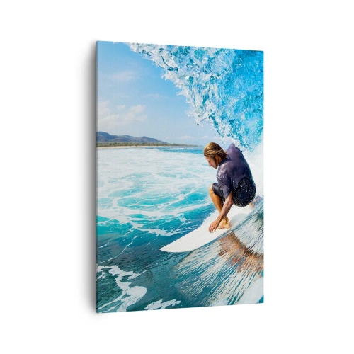 Impression sur toile - Image sur toile - Un surfeur dans une pose dynamique sur une vague dans une eau turquoise. - 70x100cm - Danse avec les vagues - Décoration murale moderne pour le salon et la chambre ARTTOR