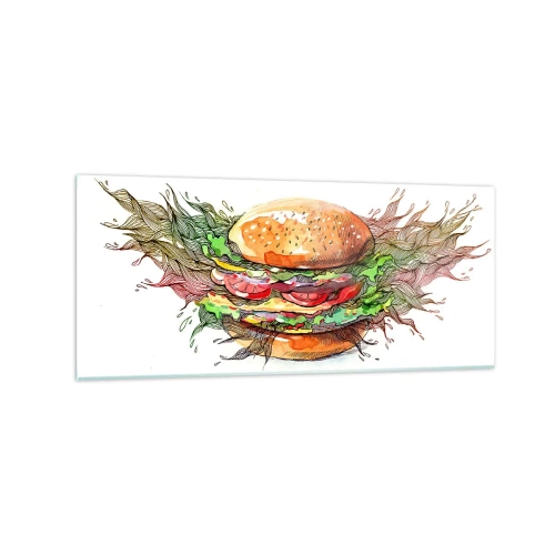 Impression sur verre - Image sur verre - Illustration artistique d'un burger avec des éléments dynamiques - 120x50cm - Tentation chaude - Décoration murale moderne pour le salon et la chambre ARTTOR