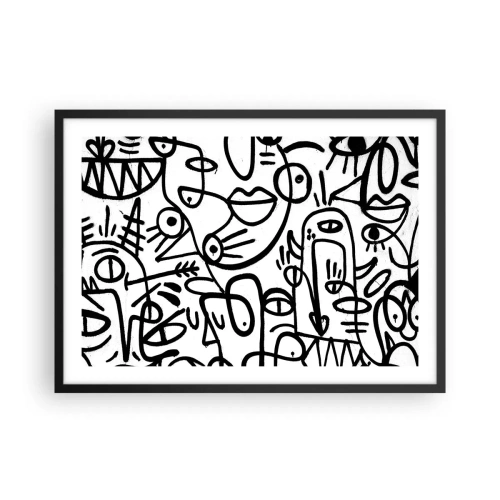 Affiche dans un cadre noir - Poster - Dessins abstraits en noir et blanc avec des motifs faciaux - 70x50cm - Visages et mirages - Décoration murale moderne pour le salon et la chambre ARTTOR