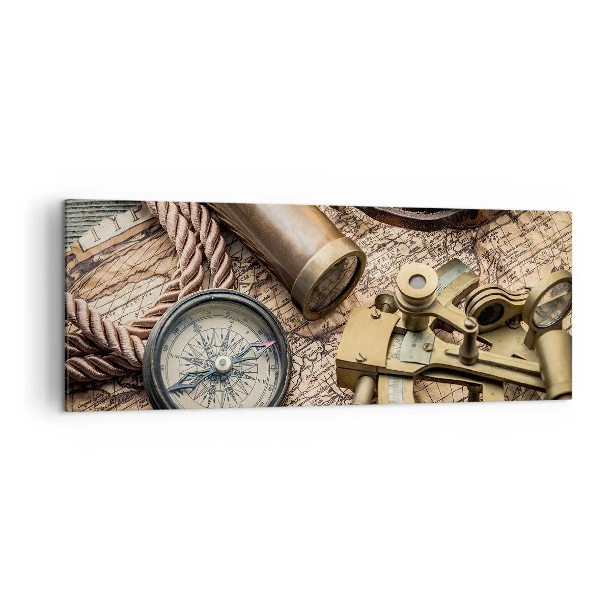 Impression sur toile - Image sur toile - Une boussole, un sextant et un télescope sur fond de vieille carte et de corde nautique. - 140x50cm - Fixer un cap - Décoration murale moderne pour le salon et la chambre ARTTOR