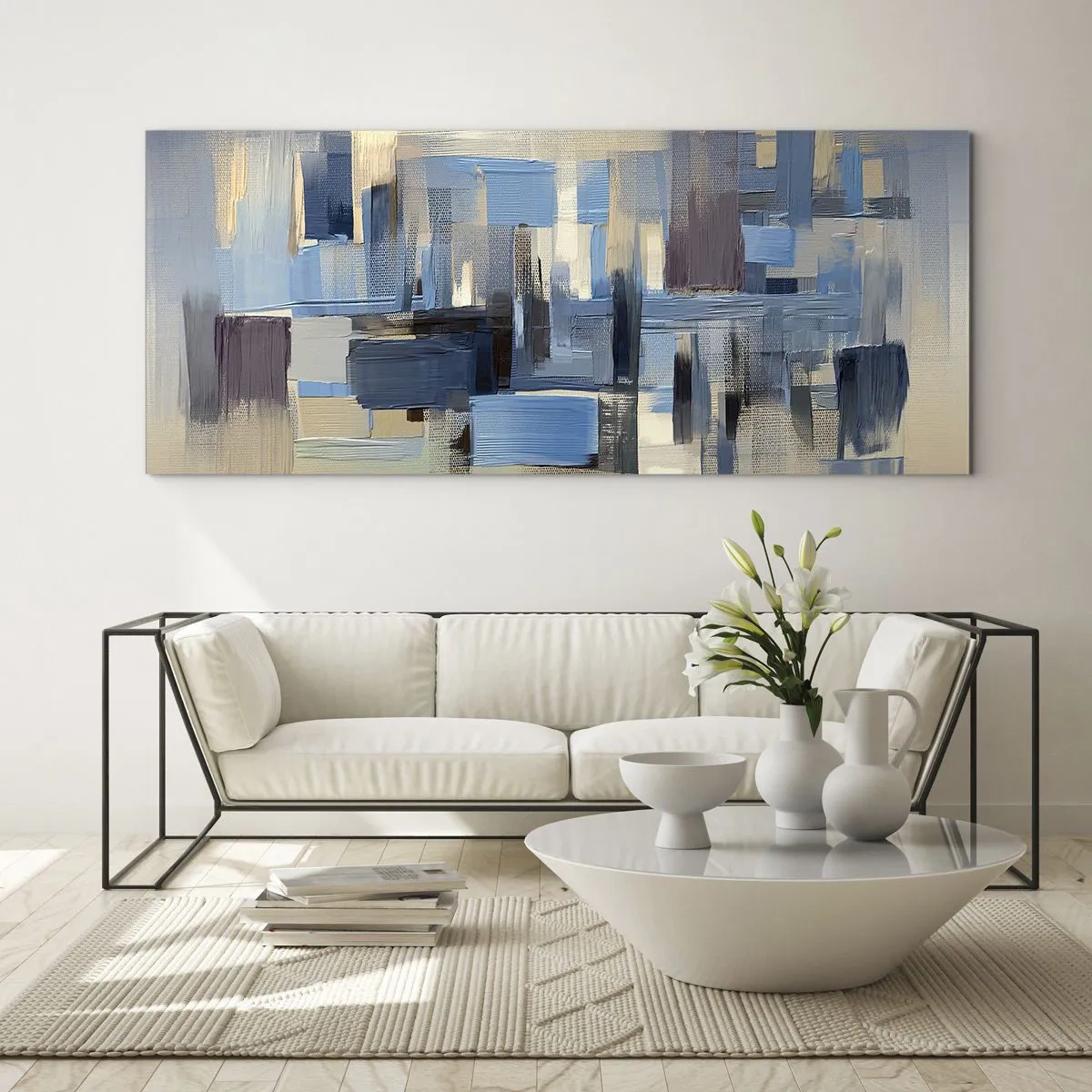 Impression sur verre - Image sur verre - Formes géométriques dans les tons de bleu et de beige - 160x50cm - Construction bleue - Décoration murale moderne pour le salon et la chambre ARTTOR