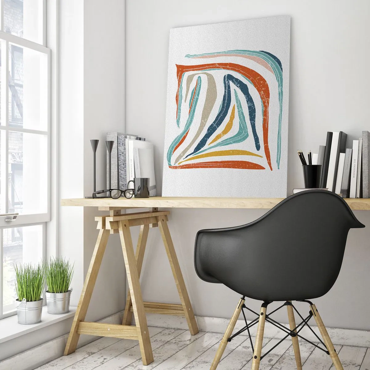 Impression sur verre - Image sur verre - Lignes colorées et dynamiques dans les tons de bleu, orange et beige - 80x120cm - Abstraction avec un sourire amical - Décoration murale moderne pour le salon et la chambre ARTTOR