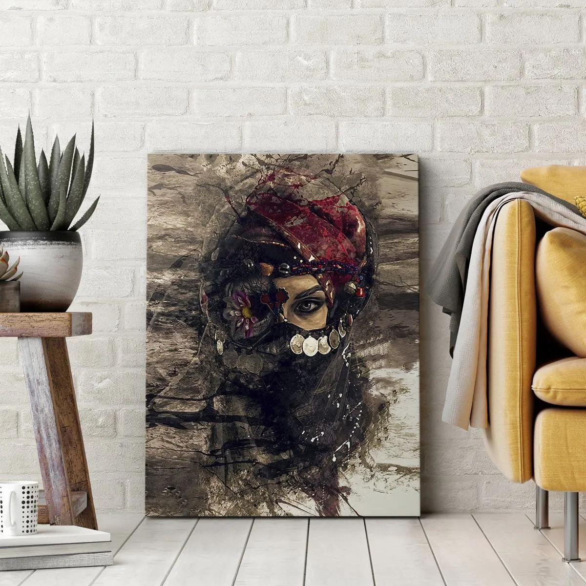 Impression sur toile - Image sur toile - Portrait artistique d'une femme en tenue orientale sur fond abstrait. - 80x120cm - Inquiétant, c'est le moins qu'on puisse dire - Décoration murale moderne pour le salon et la chambre ARTTOR