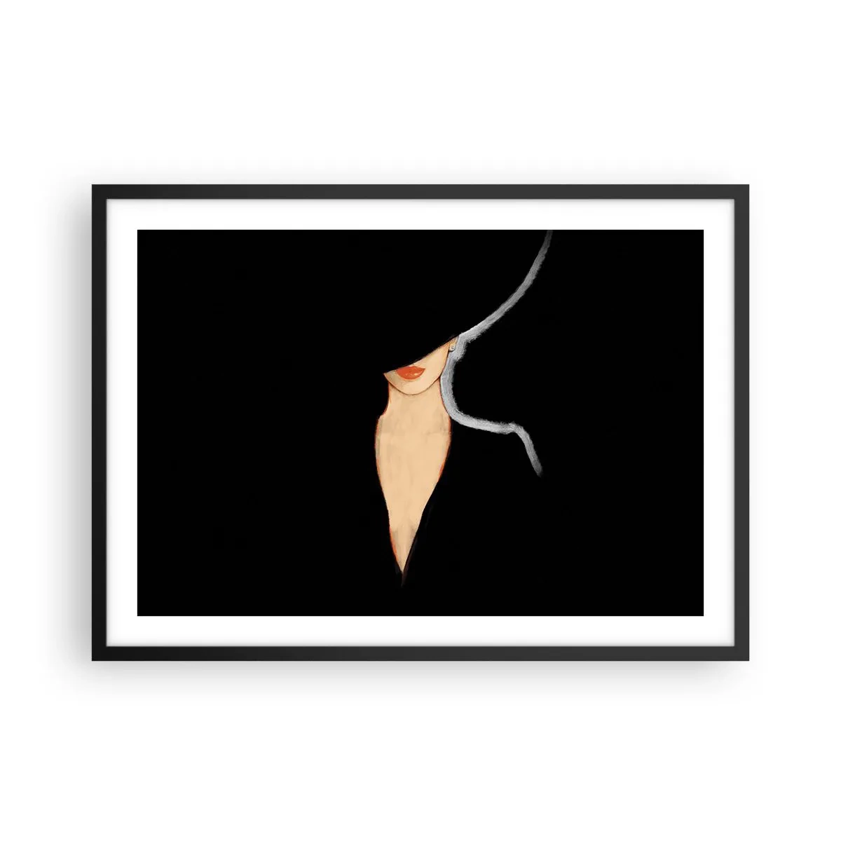 Affiche dans un cadre noir - Poster - Silhouette d'une femme au chapeau sur fond noir - 70x50cm - Élégance et style - Décoration murale moderne pour le salon et la chambre ARTTOR