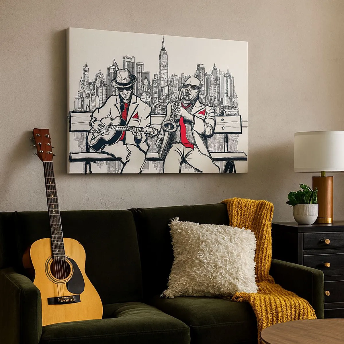 Impression sur toile - Image sur toile - Un duo de jazz avec saxophone et guitare sur fond de ville - 70x50cm - improvisation new-yorkaise - Décoration murale moderne pour le salon et la chambre ARTTOR