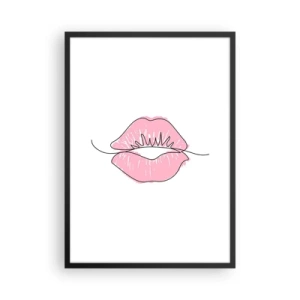Affiche dans un cadre noir - Poster - Illustration minimaliste de lèvres roses sur fond blanc - 50x70cm - Prêt à l'embrassade? - Décoration murale moderne pour le salon et la chambre ARTTOR