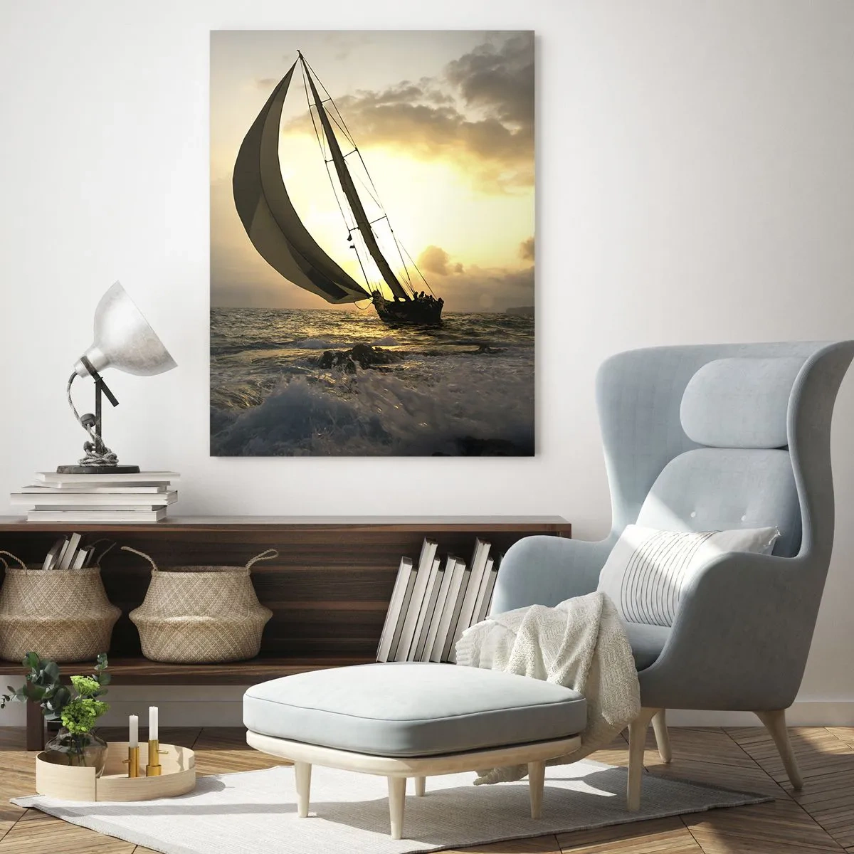 Impression sur verre - Image sur verre - Voiliers dans une mer agitée au coucher du soleil - 50x70cm - Avec le vent et contre le vent - Décoration murale moderne pour le salon et la chambre ARTTOR