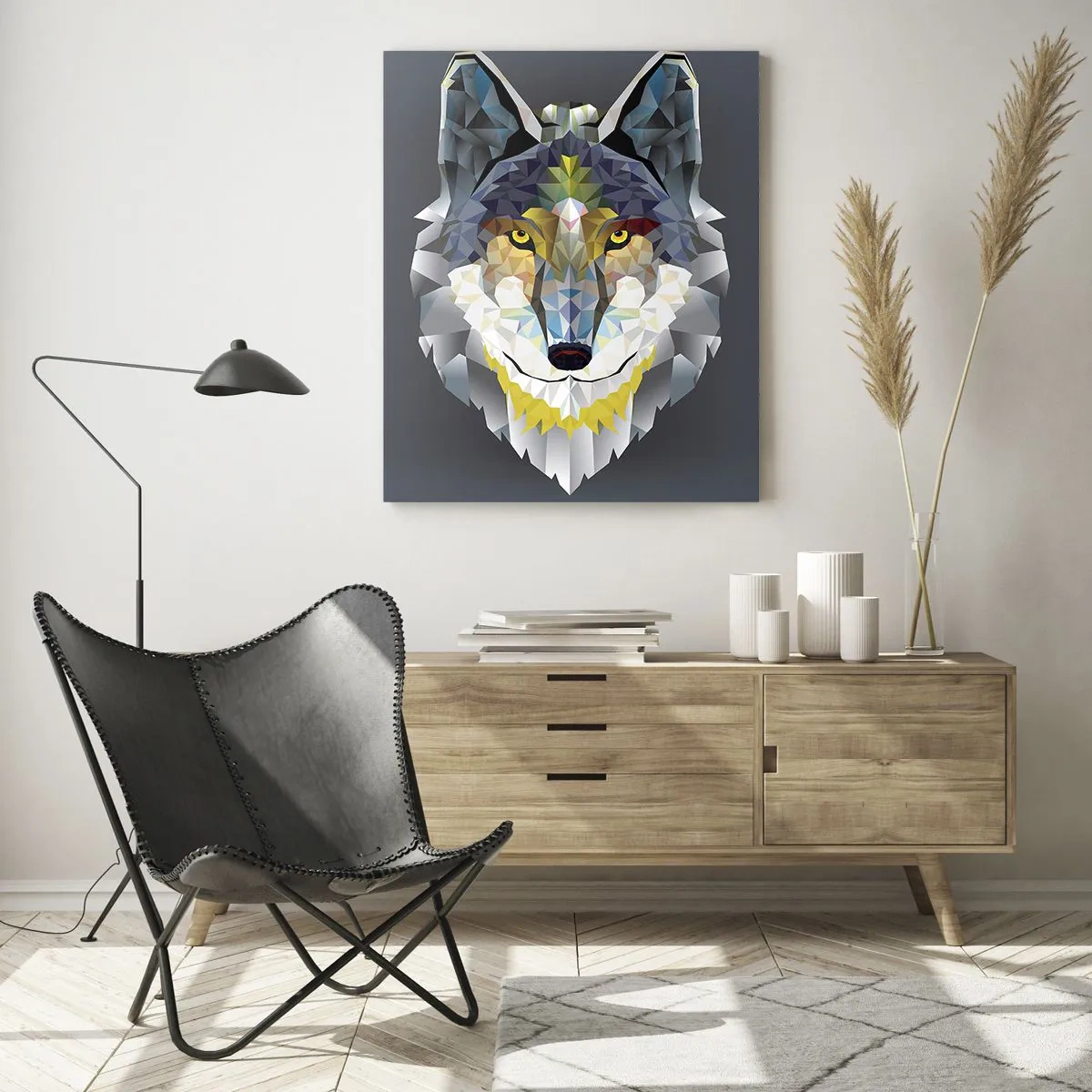 Impression sur verre - Image sur verre - Image géométrique d'un loup sur fond gris - 70x100cm - On parle du loup - Décoration murale moderne pour le salon et la chambre ARTTOR