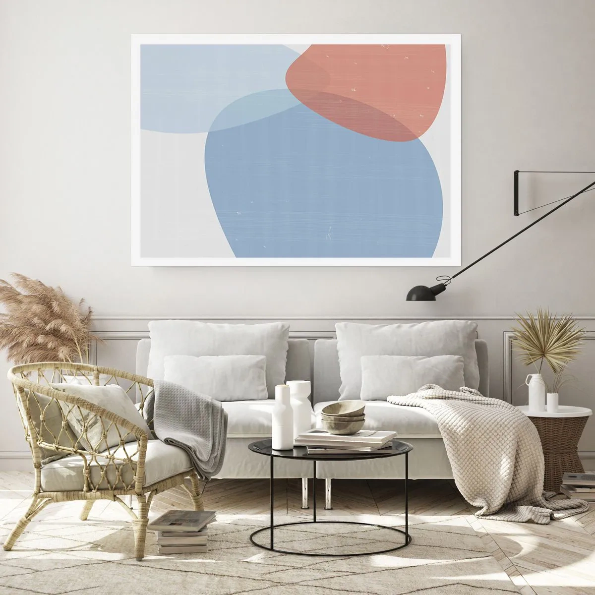 Affiche - Poster - Une composition abstraite dans des tons pastel de bleu et de rose avec des formes organiques. - 100x70cm - Relations pastel - Décoration murale moderne pour le salon et la chambre ARTTOR