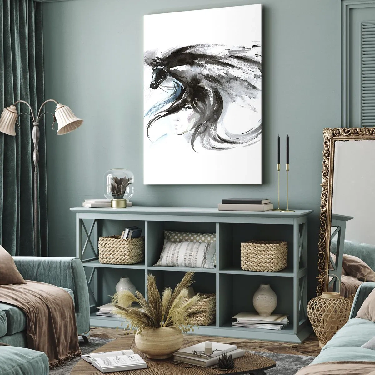 Impression sur toile - Image sur toile - Une femme et un cheval dans une aquarelle mystique pleine de dynamique - 50x70cm - Galop du prince noir - Décoration murale moderne pour le salon et la chambre ARTTOR