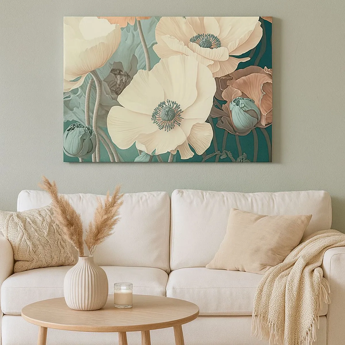 Impression sur toile - Image sur toile - Fleurs élégantes aux tons pastel sur fond vert - 70x50cm - Le murmure des coquelicots - Décoration murale moderne pour le salon et la chambre ARTTOR